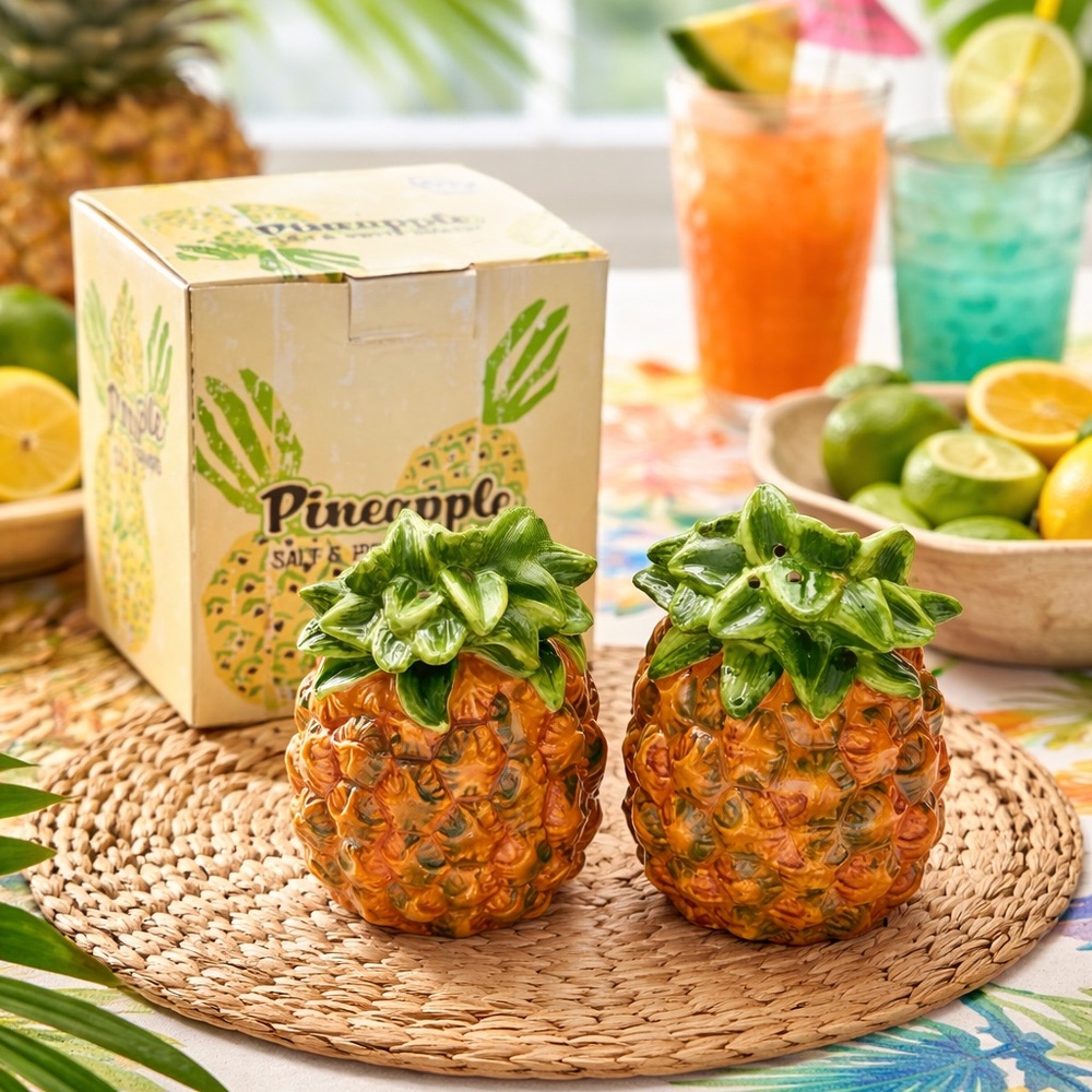 Ceramic Pineapple Salt & Pepper Shakers Tropical Open Box